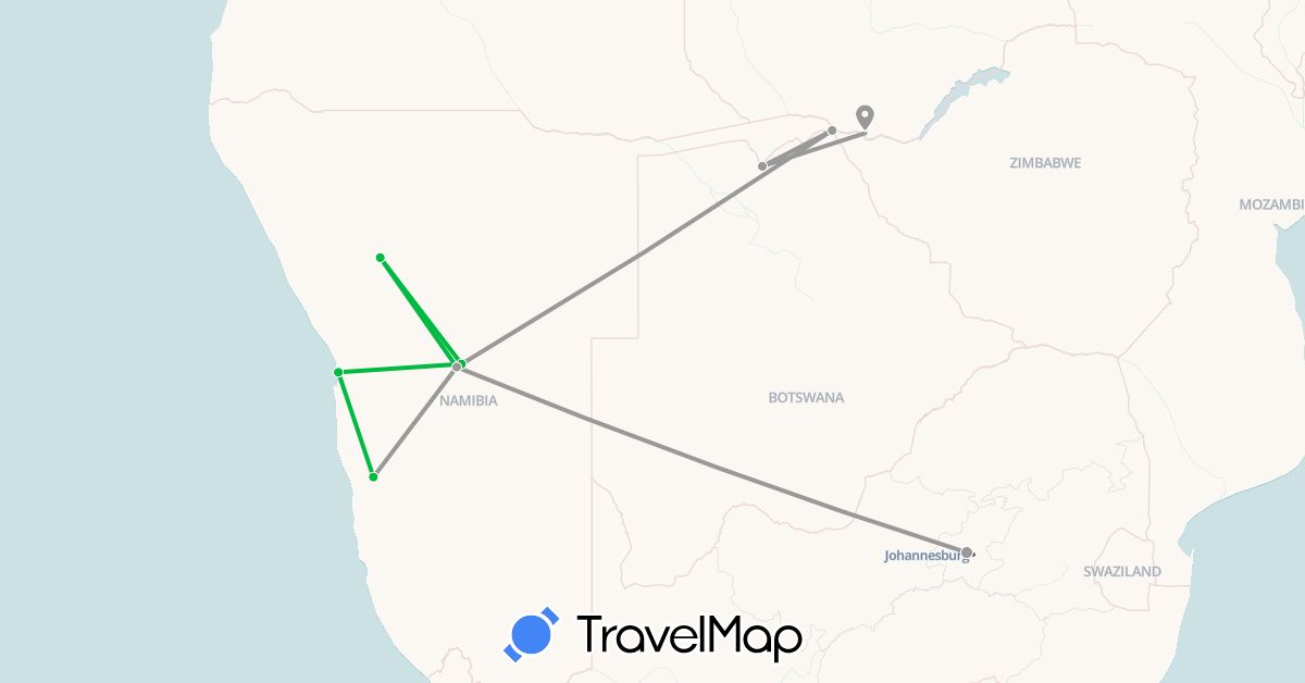 TravelMap itinerary: driving, bus, plane in Botswana, Namibia, South Africa, Zambia (Africa)